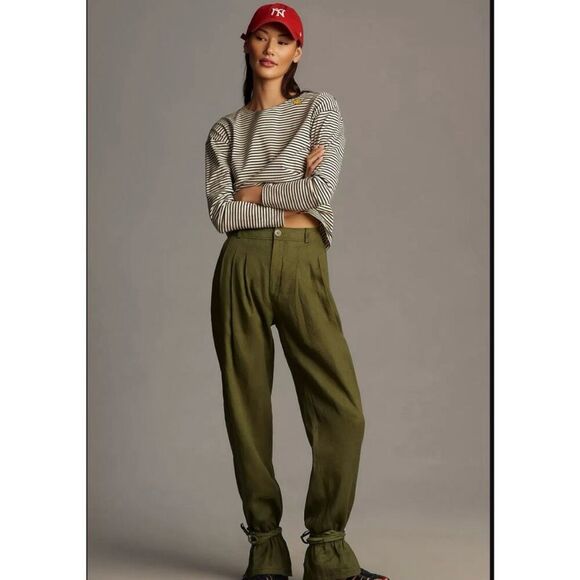 Anthropologie Pants - Anthropologie Ankle-Tie bell bottom 100% linen‎ pants Size 0 green
